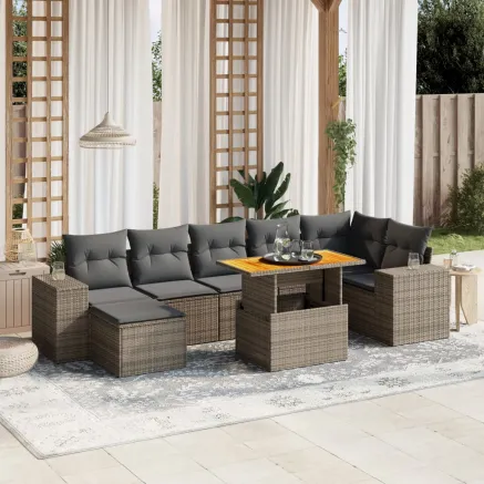 Salon de jardin 8 pcs avec coussins gris résine tressée