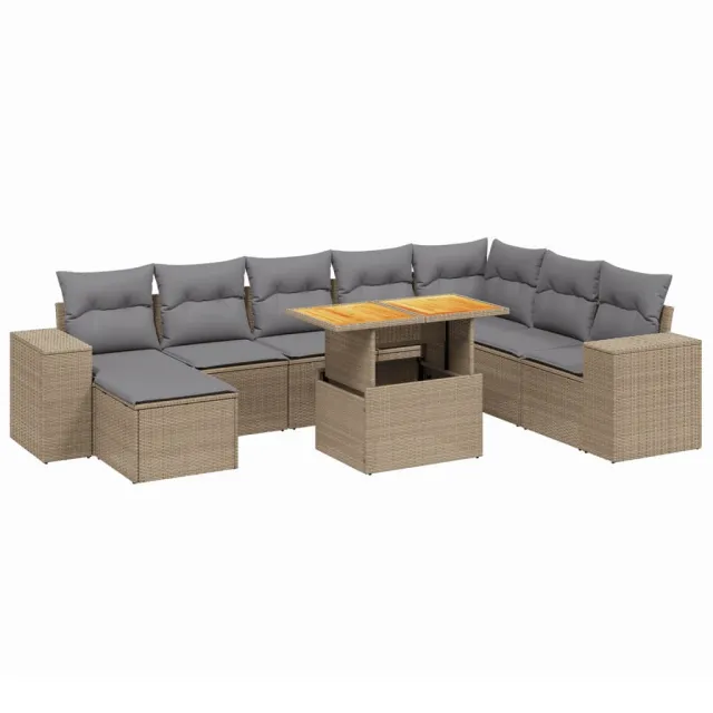 Salon de jardin avec coussins 9 pcs beige résine tressée