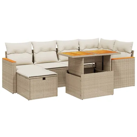 Salon de jardin avec coussins 7 pcs beige résine tressée