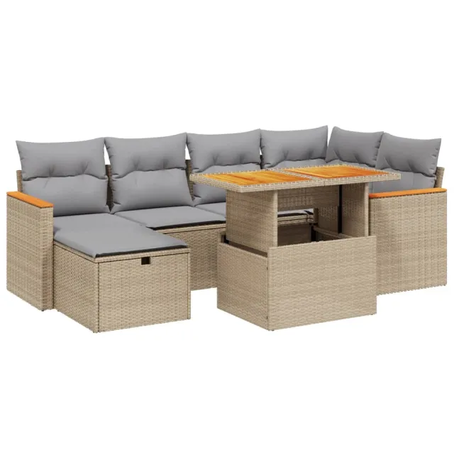Salon de jardin avec coussins 7 pcs beige résine tressée