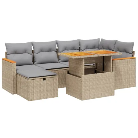 Salon de jardin avec coussins 7 pcs beige résine tressée