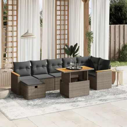 Salon de jardin 8 pcs avec coussins gris résine tressée