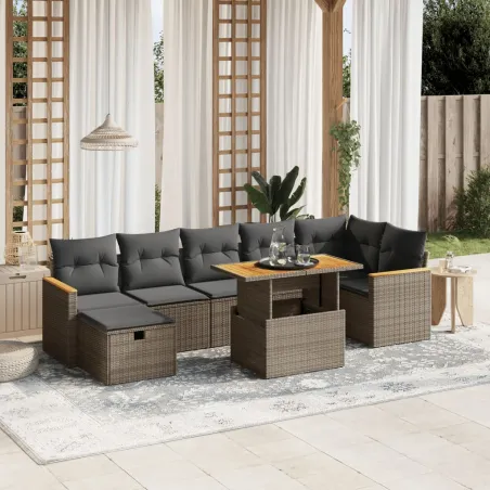 Salon de jardin 8 pcs avec coussins gris résine tressée