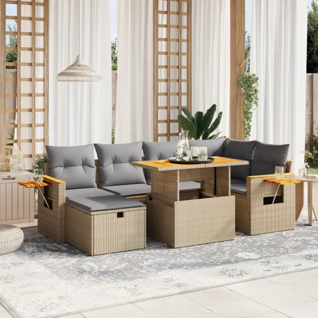 Salon de jardin avec coussins 7 pcs beige résine tressée
