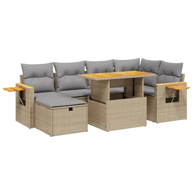 Salon de jardin avec coussins 7 pcs beige résine tressée