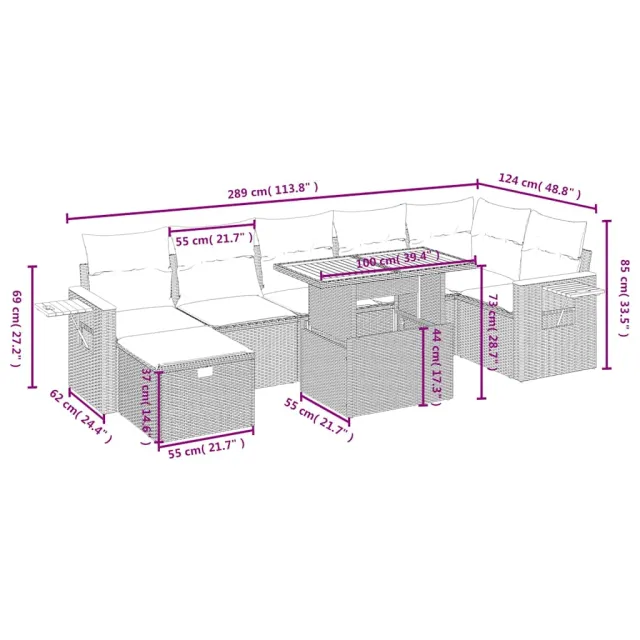 Salon de jardin 8 pcs avec coussins noir résine tressée