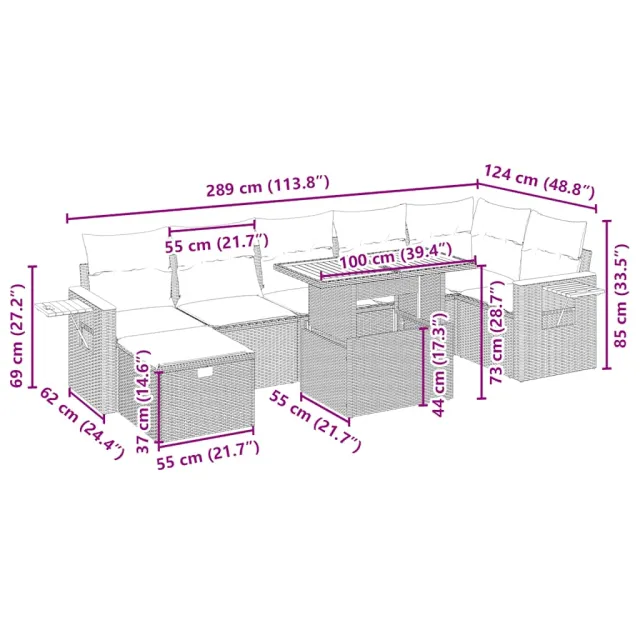 Salon de jardin avec coussins 8 pcs beige résine tressée