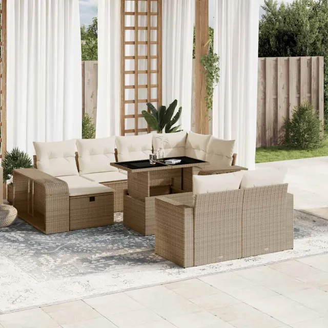 Salon de jardin 11 pcs avec coussins beige résine tressée