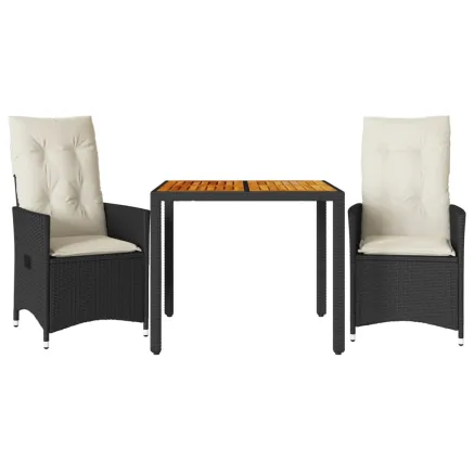 Ensemble de bistro 3 pcs et coussins noir résine tressée acacia 2