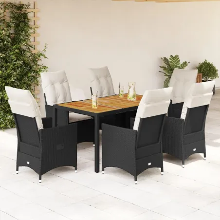 Ensemble à manger de jardin coussins 7pcs Noir Résine tressée