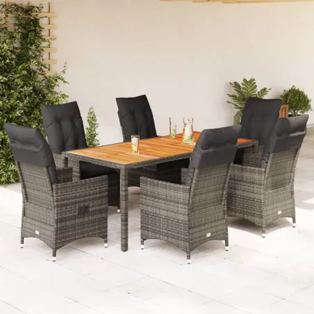 Ensemble à manger de jardin et coussins 7 pcs gris rotin