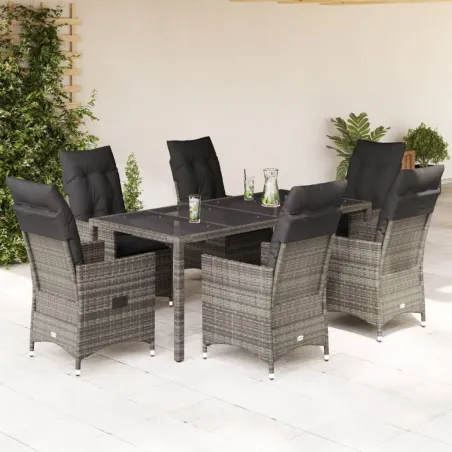 Ensemble à manger de jardin et coussins 7 pcs gris rotin