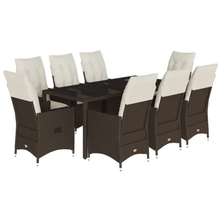 Ensemble à manger de jardin et coussins 9 pcs marron poly rotin