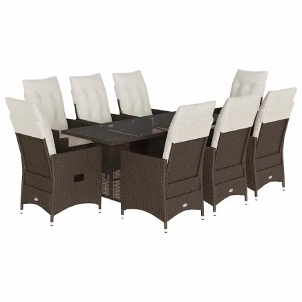 Ensemble à manger de jardin et coussins 9 pcs marron poly rotin 2