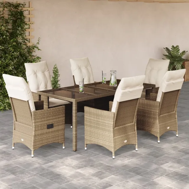 Ensemble à manger de jardin et coussins 7 pcs beige poly rotin