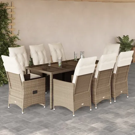 Ensemble à manger de jardin et coussins 9 pcs beige Poly rotin