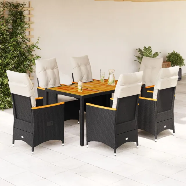 Ensemble à manger de jardin coussins 7pcs Noir Résine tressée