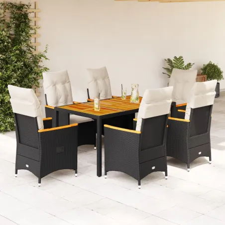 Ensemble à manger de jardin coussins 7pcs Noir Résine tressée