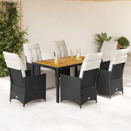 Ensemble à manger de jardin coussins 7 pcs noir résine tressée