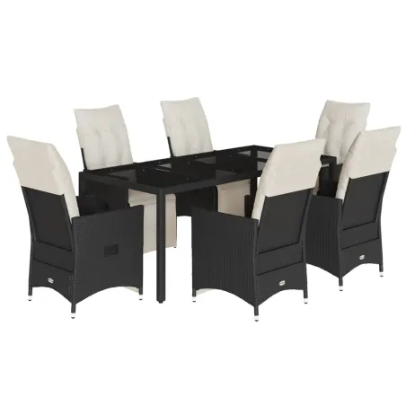 Ensemble à manger de jardin coussins 7pcs Noir Résine tressée