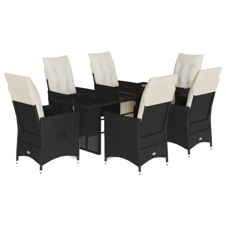 Ensemble à manger de jardin coussins 7 pcs noir résine tressée