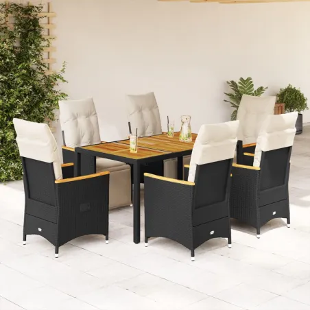 Ensemble de bistro de jardin 7 pcs coussins noir poly rotin