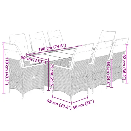 Ensemble de bistro de jardin 9 pcs coussins gris poly rotin