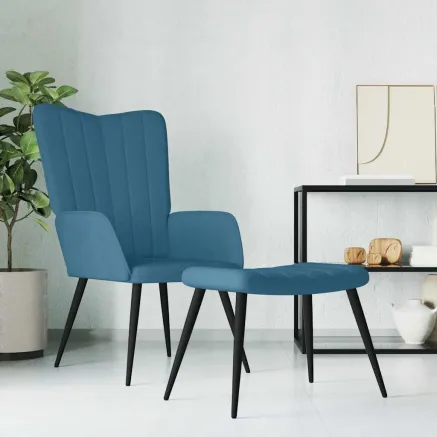 Chaise de relaxation avec tabouret Bleu Velours