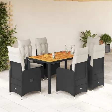 Ensemble de bistro de jardin 7 pcs coussins noir poly rotin