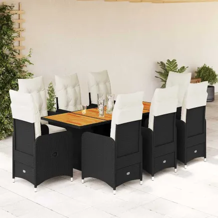 Ensemble de bistro de jardin 9 pcs coussins noir poly rotin
