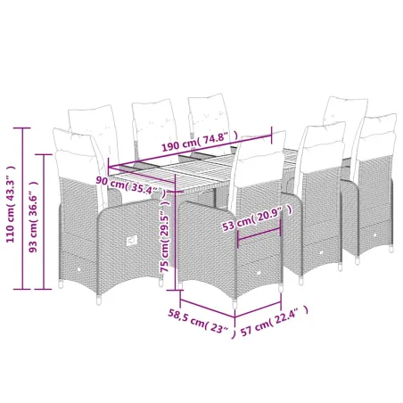 Ensemble de bistro de jardin 9 pcs coussins noir poly rotin