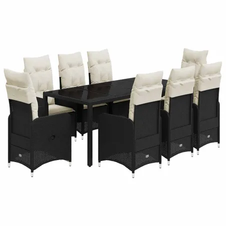 Ensemble de bistro de jardin 9 pcs coussins noir poly rotin
