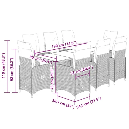 Ensemble de bistro de jardin 9 pcs coussins noir poly rotin