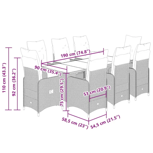 Ensemble de bistro de jardin 9 pcs coussins noir poly rotin