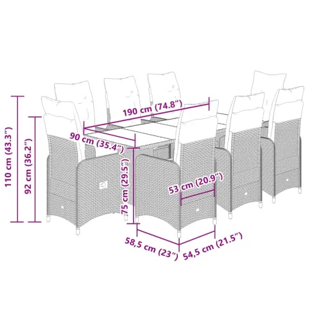 Ensemble de bistro de jardin 9 pcs coussins noir poly rotin