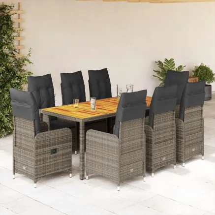 Ensemble de bistro de jardin 9 pcs coussins gris poly rotin