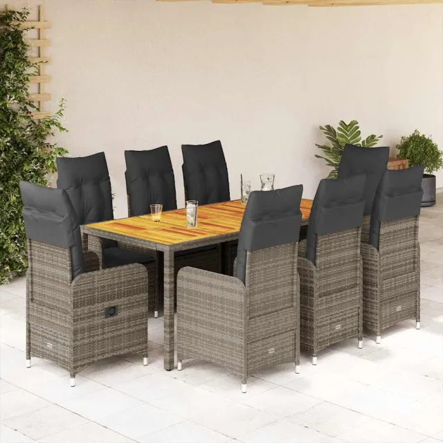Ensemble de bistro de jardin 9 pcs coussins gris poly rotin