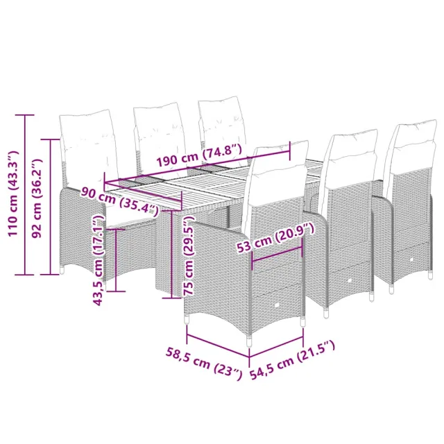 Ensemble de bistro de jardin 7 pcs coussins gris poly rotin