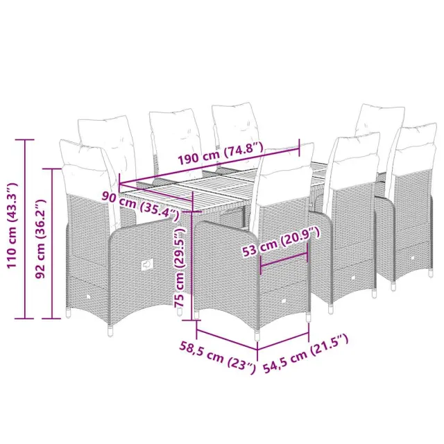 Ensemble de bistro de jardin 9 pcs coussins gris poly rotin