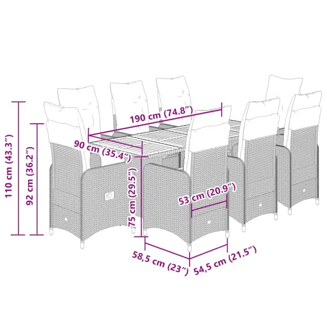 Ensemble de bistro de jardin 9 pcs coussins gris poly rotin