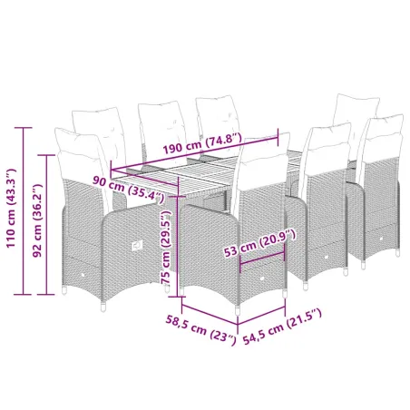 Ensemble de bistro de jardin 9 pcs coussins gris poly rotin