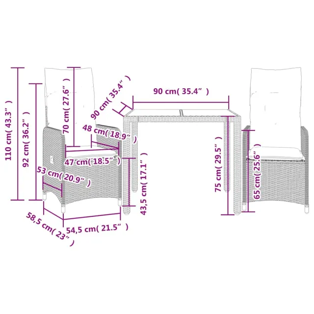 Ensemble de bistro de jardin 3 pcs coussins gris poly rotin