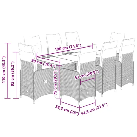 Ensemble de bistro de jardin 9 pcs coussins gris poly rotin