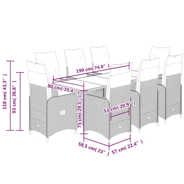 Ensemble de bistro de jardin 9 pcs coussins marron poly rotin