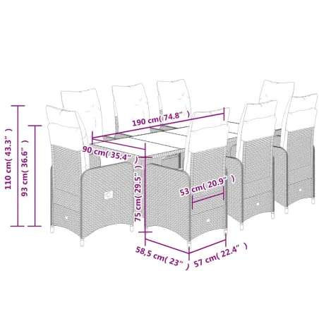 Ensemble de bistro de jardin 9 pcs coussins marron poly rotin