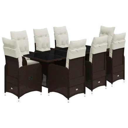 Ensemble de bistro de jardin 9 pcs coussins marron poly rotin 2