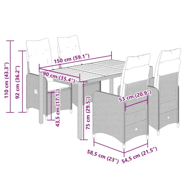 Ensemble de bistro de jardin 5 pcs coussins beige poly rotin