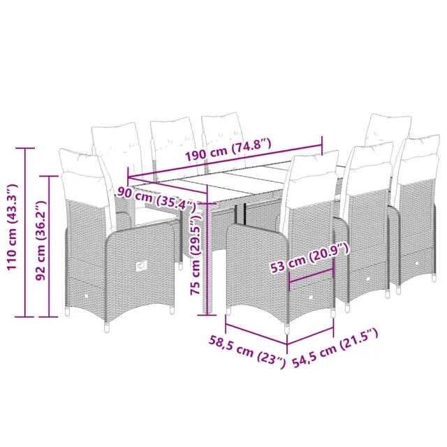 Ensemble de bistro de jardin 9 pcs coussins beige poly rotin