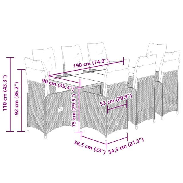 Ensemble de bistro de jardin 9 pcs coussins beige poly rotin