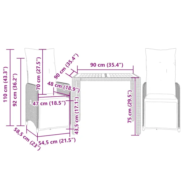 Ensemble de bistro de jardin 3 pcs coussins noir poly rotin